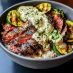 Grilled Steak Bowl with Creamy Sauce & Grilled Zucchini
