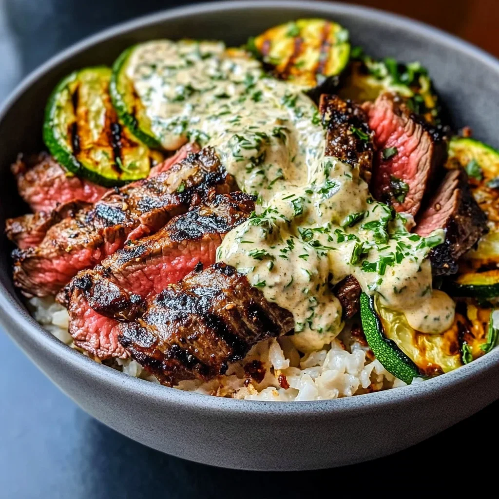 Grilled Steak Bowl with Creamy Sauce & Grilled Zucchini