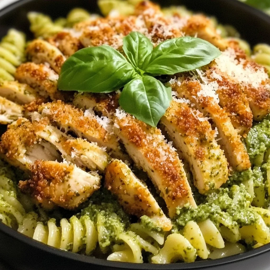 Pesto Pasta with Crispy Parmesan Chicken